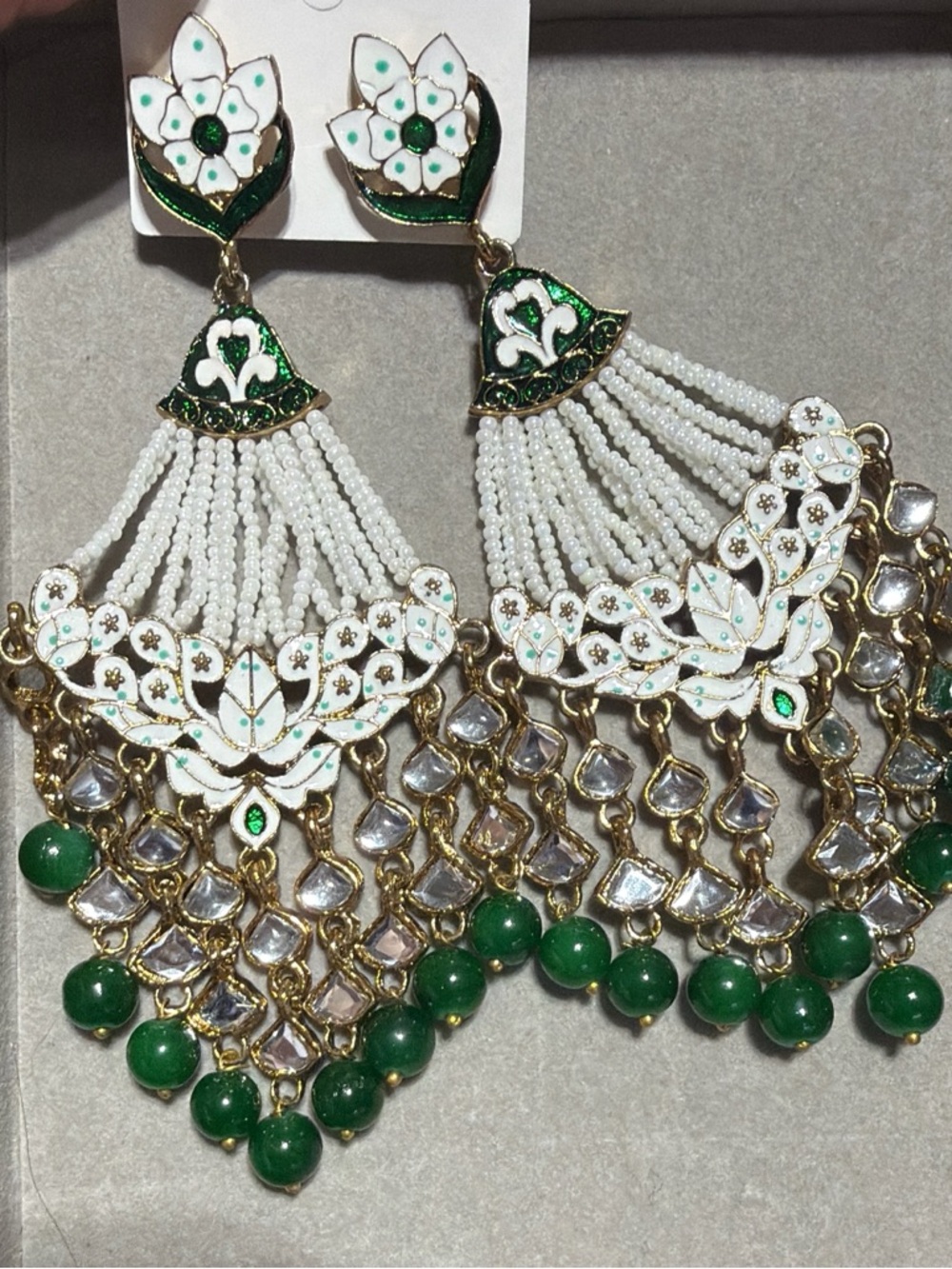 Handcrafted White and Green Floral Bead Chandelier Earrings